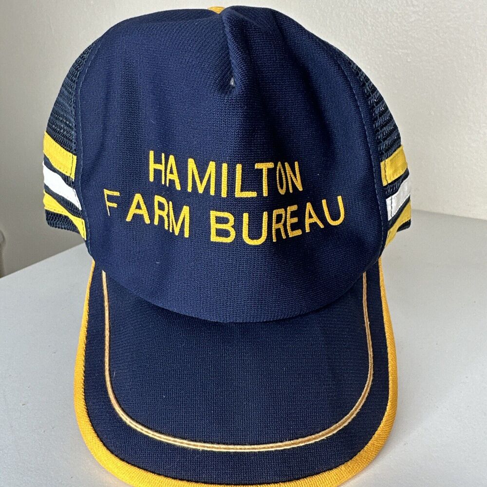 Vintage Hamilton Farm Bureau Blue Yellow 3 Stripe Adjustable Snapback Hat Cap